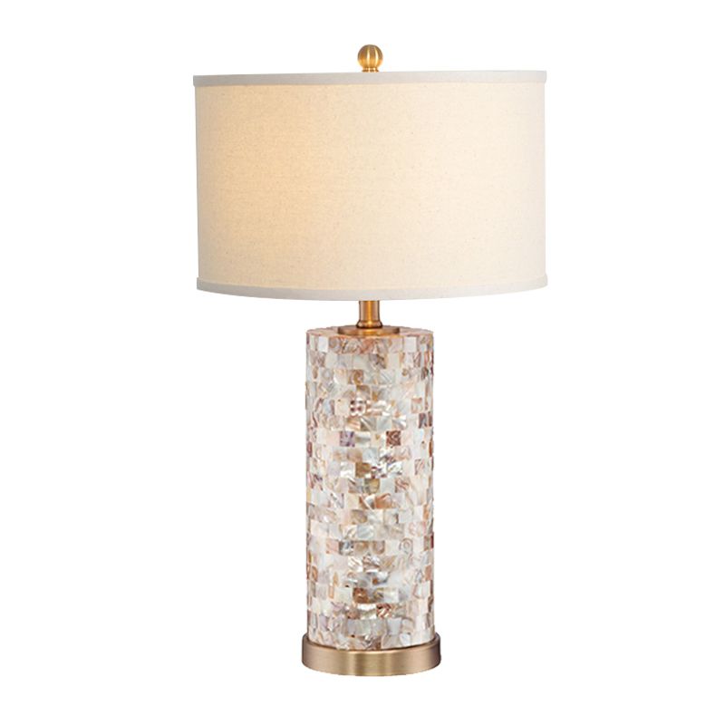 Shell Patchwork Column Nightstand Light Minimalist 1 Head Parlor Table Lamp with Cylinder Fabric Shade in Flaxen/White