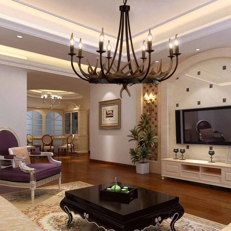 Candelabra Resin Ceiling Lamp Cottage 8-Bulb Dining Room Pendant Chandelier in Black