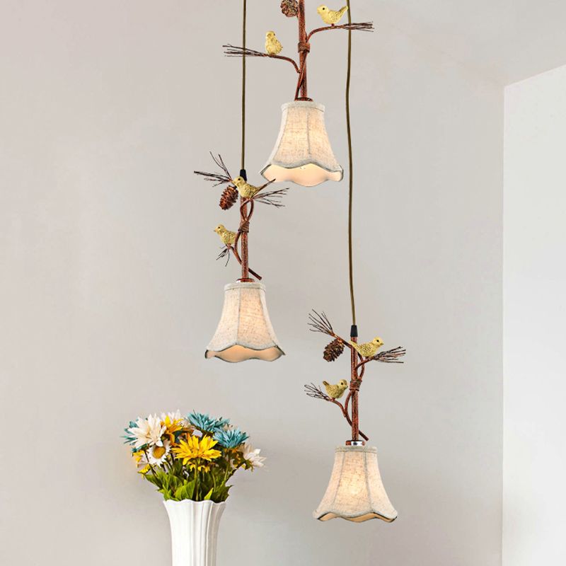 Flaxen 3/5 Heads Cluster Pendant Light Country Fabric Scalloped Suspension Lamp with Bird and Pinecone Deco