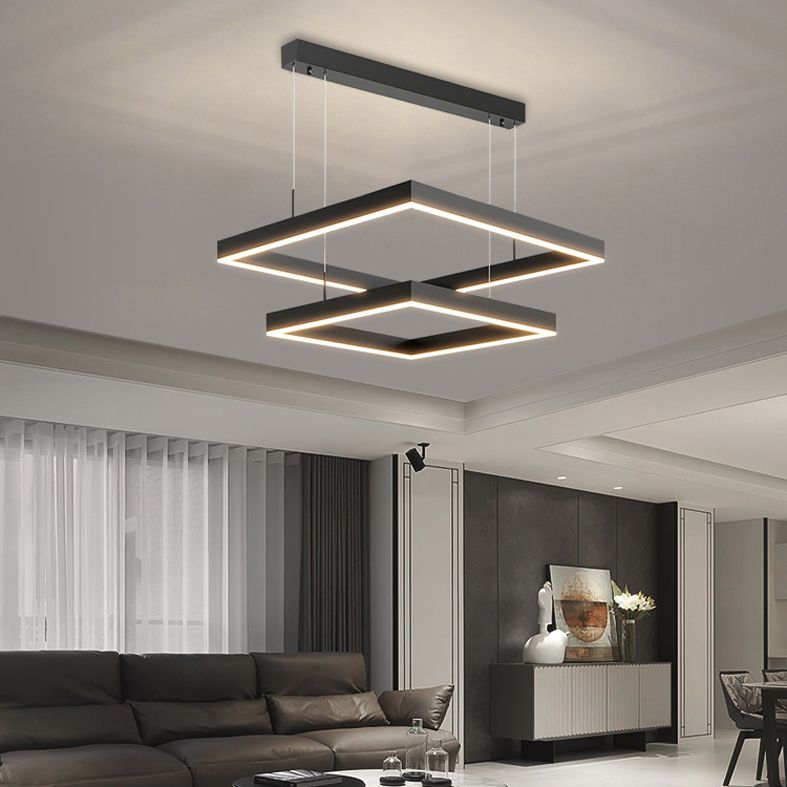 Metal Squared Pendant Lighting Fixture Modern Style LED Black Hanging Chandelier