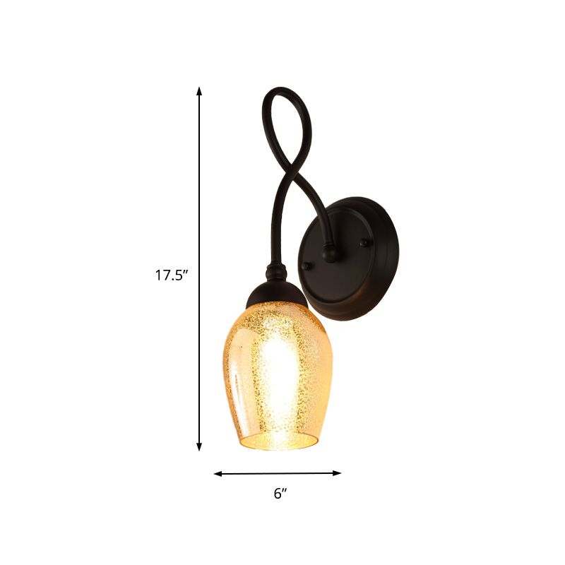 1/2-Light Wall Sconce Lighting Curved Arm Crackled Mercury Glass Industrial Bedroom Light Fixture in Black