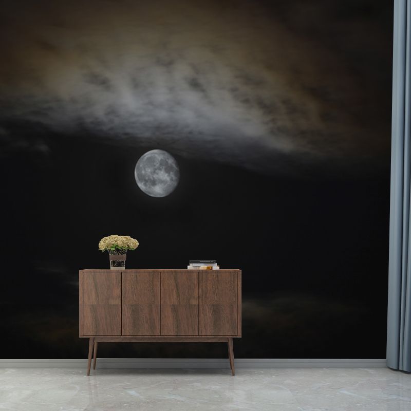 Full Moon on Sky Mural Black-Grey Modern Wall Covering for Accent Wall, Size Optional