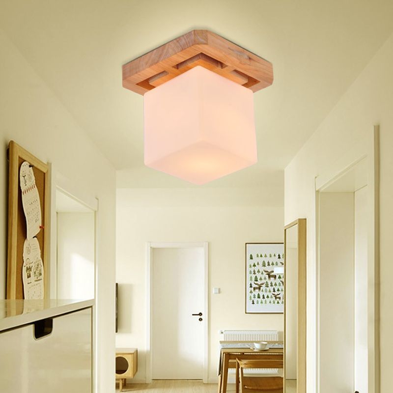 Cube Flush Mount Minimalist Milk Glass Beige LED Flush Mount Lamp with Wood Canopy