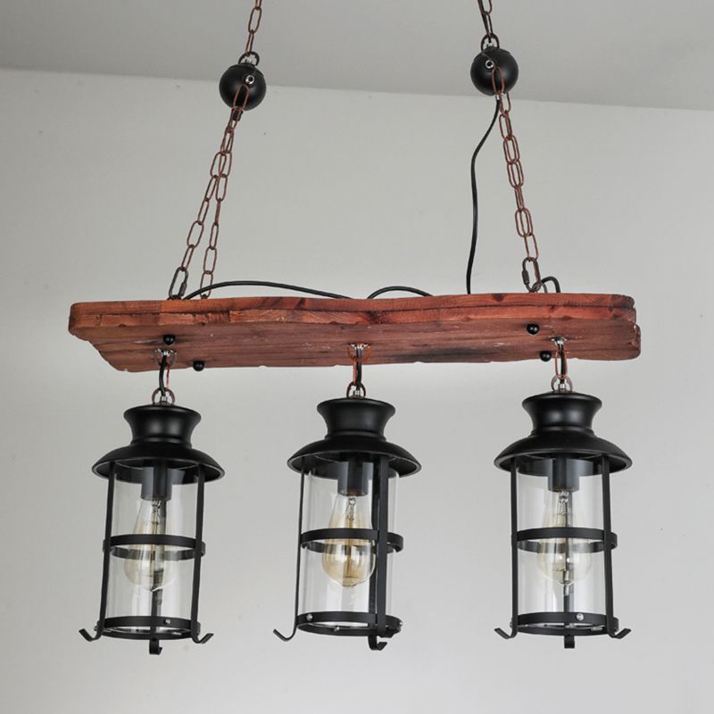 Industrial 3 - Light Ceiling Pendant Light Wood and Iron Kitchen Island Fixture in Black