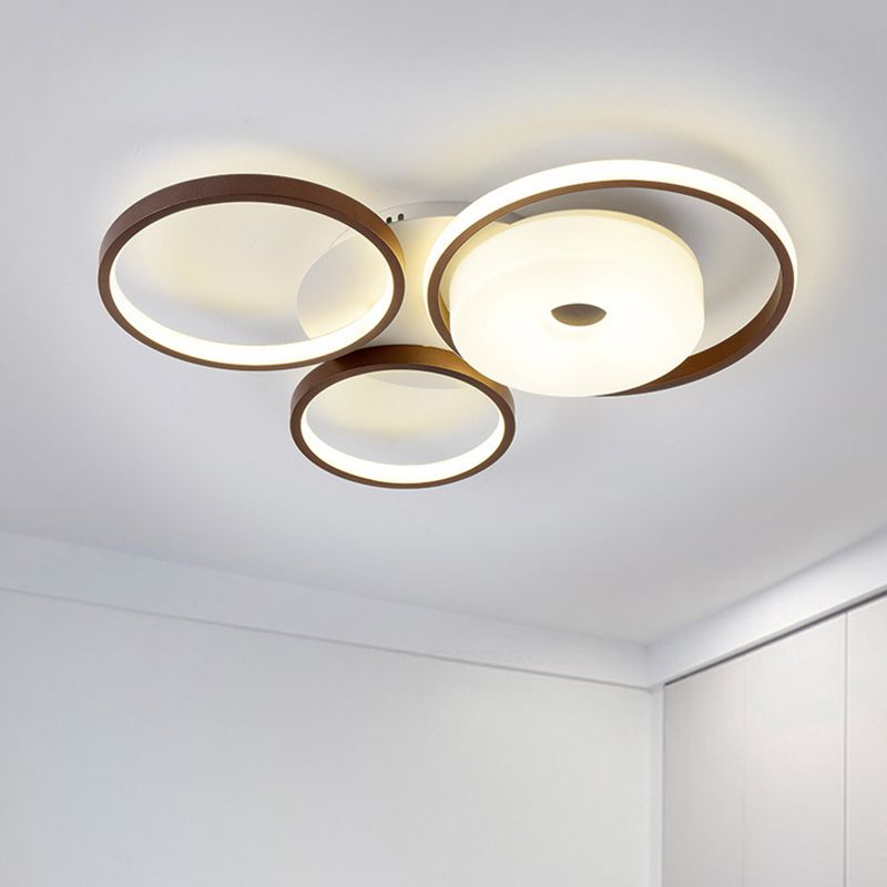 3 Rings Bedroom Flush Ceiling Light Metal 19.5"/25.5" W LED Modernism Flush Mount Lamp in Brown, Warm/White Light