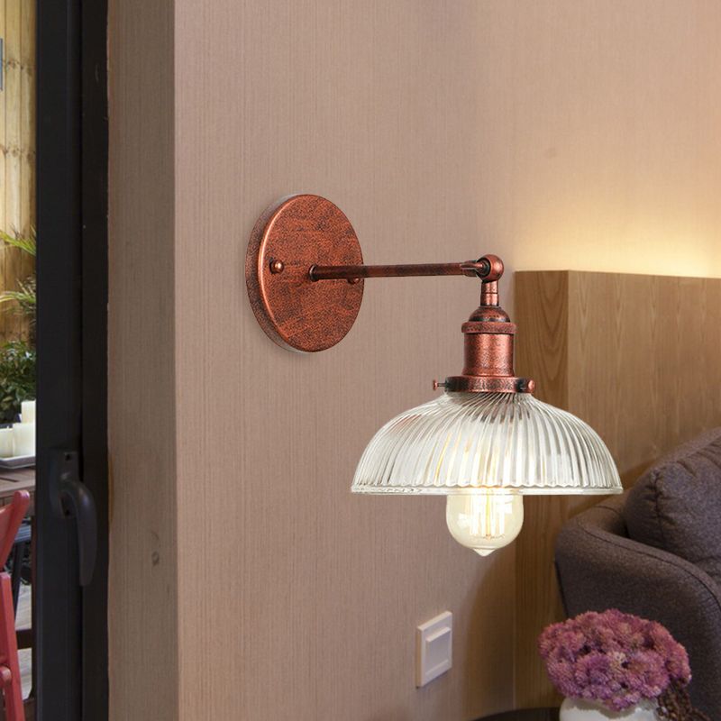 Rustic Style Dome Wall Lighting Fixture 1 Bulb Prismatic Glass Sconce Light in Black/Brass/Weathered Copper