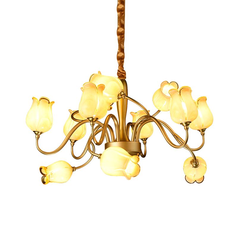 12 Lights Ceiling Chandelier Countryside Flower Beige Glass Hanging Light Fixture in Gold