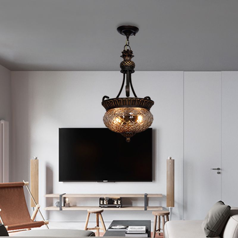 2 Lights Dining Room Ceiling Suspension Lamp Country Black Chandelier Pendant Light with Oval   Clear Prismatic Glass Shade