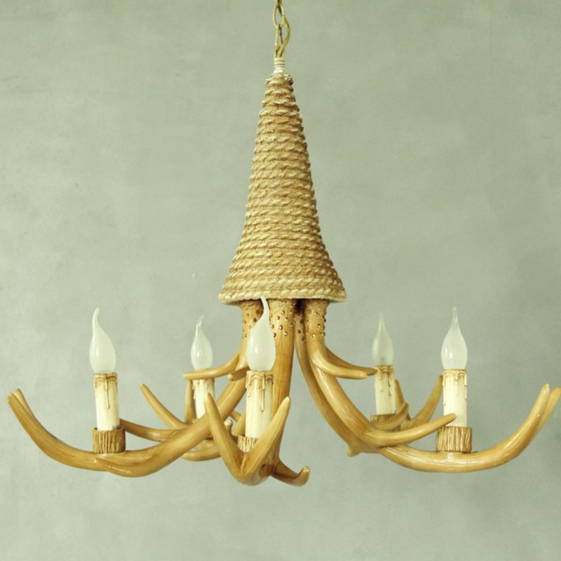 Beige Elk Shaped Chandelier Lamp Traditional Metal and Rope 3/5 Lights Living Room Hanging Light