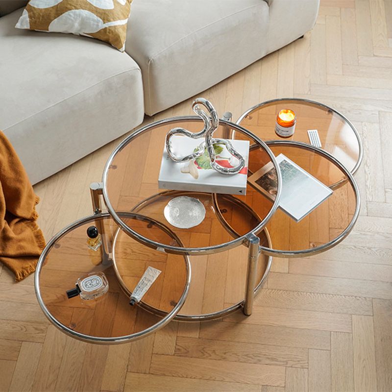 Extendable Coffee Table Glass with Round Top and Stainless Steel Base