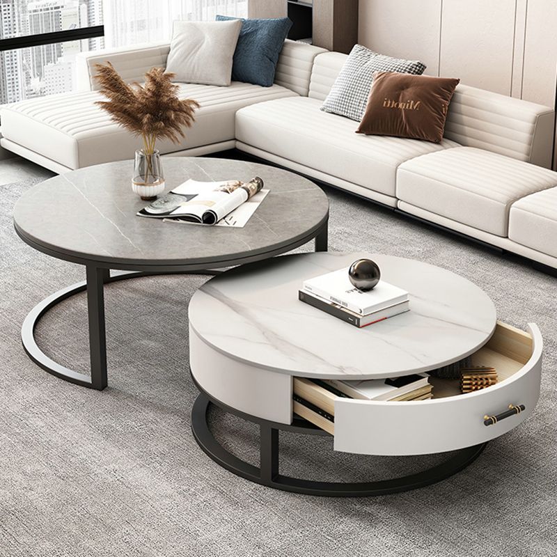 Slate Top Coffee Table Set Round Frame Cocktail Table with Drawers