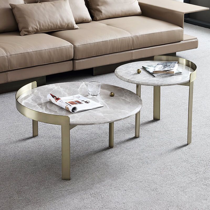 Glam Slate Coffee Table Round Beige Coffee Table Set with 3 Legs