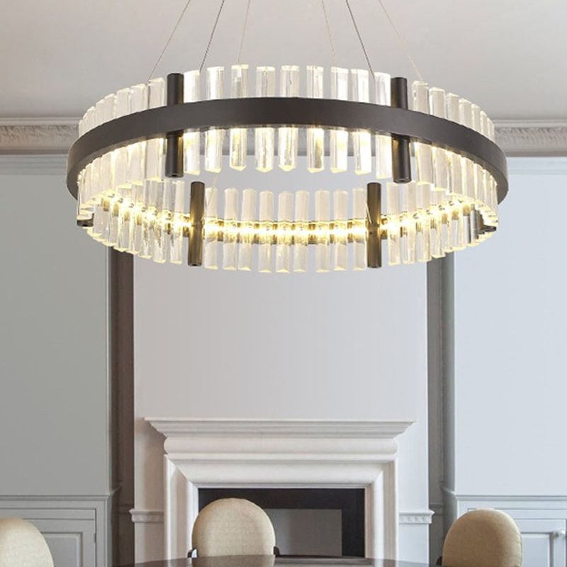 16"/23.5" Wide Round Pendant Chandelier Modern Crystal Black LED Hanging Lamp in Warm Light for Living Room