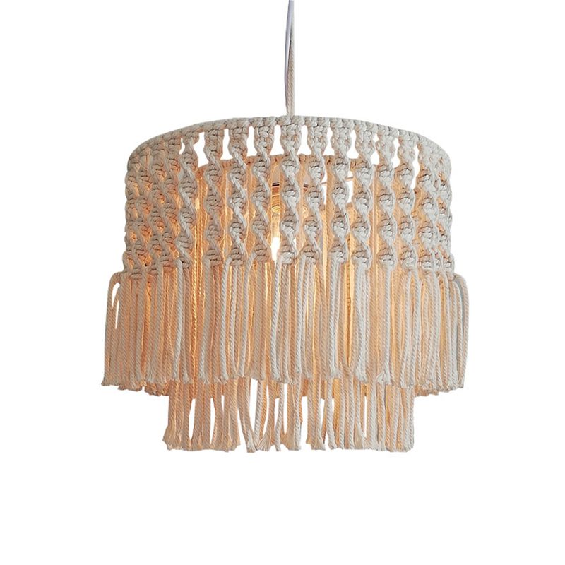 Jute Rope Tiered Tassel Fringe Ceiling Lamp Rural 1-Light Living Room Pendulum Light in Beige