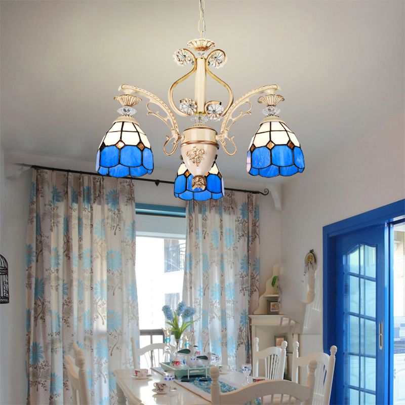 Blauwe glazen koepel kroonluchter met verstelbare ketting 3 lichten hanglampverlichting voor foyer