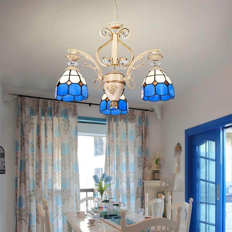 Blue Glass Dome Chandelier with Adjustable Chain 3 Lights Pendant Lighting for Foyer