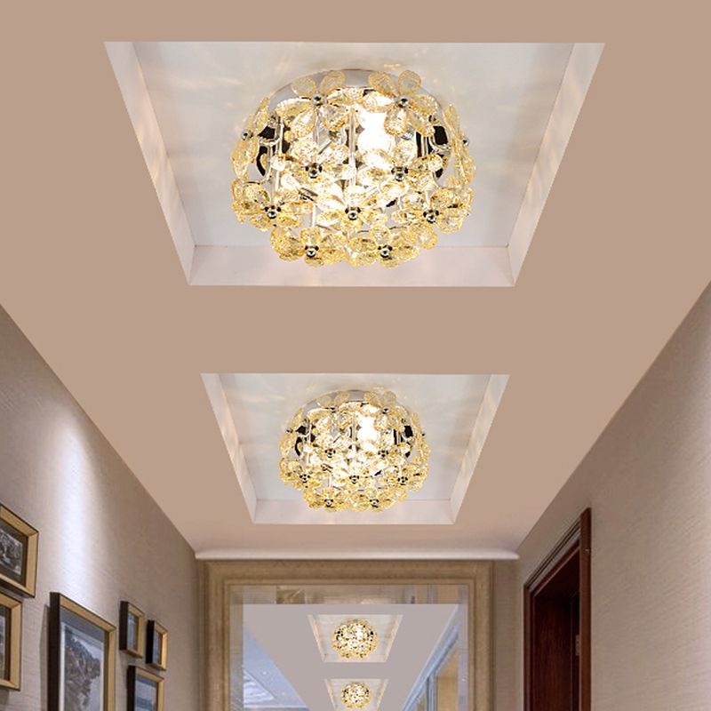 Chrome Blossom Flush Mount Lighting Modernist 4 Bulbs Clear/Amber Crystal Close to Ceiling Light with Round Design