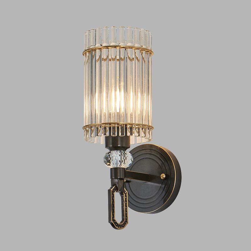 1/2 Lights Cylinder Wall Sconce Lighting Traditional Black Clear K9 Crystal Wall Light Fixture
