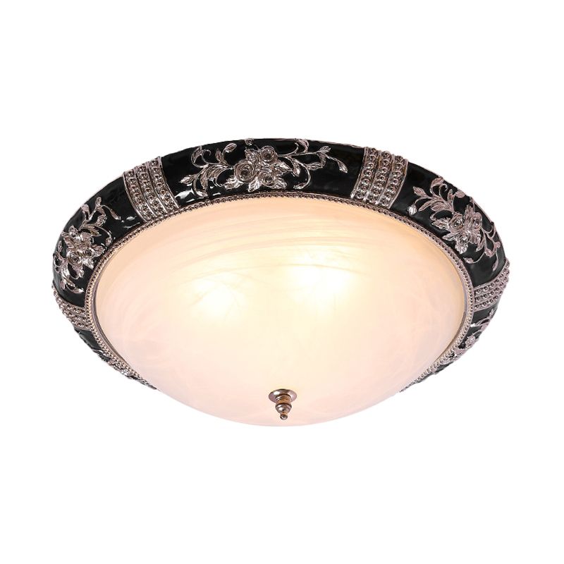 3-Light Frosted Glass Ceiling Flush Rural Black Domed Corridor Flush Mount Lamp with Leave/Flower Deco, 14"/19.5" W