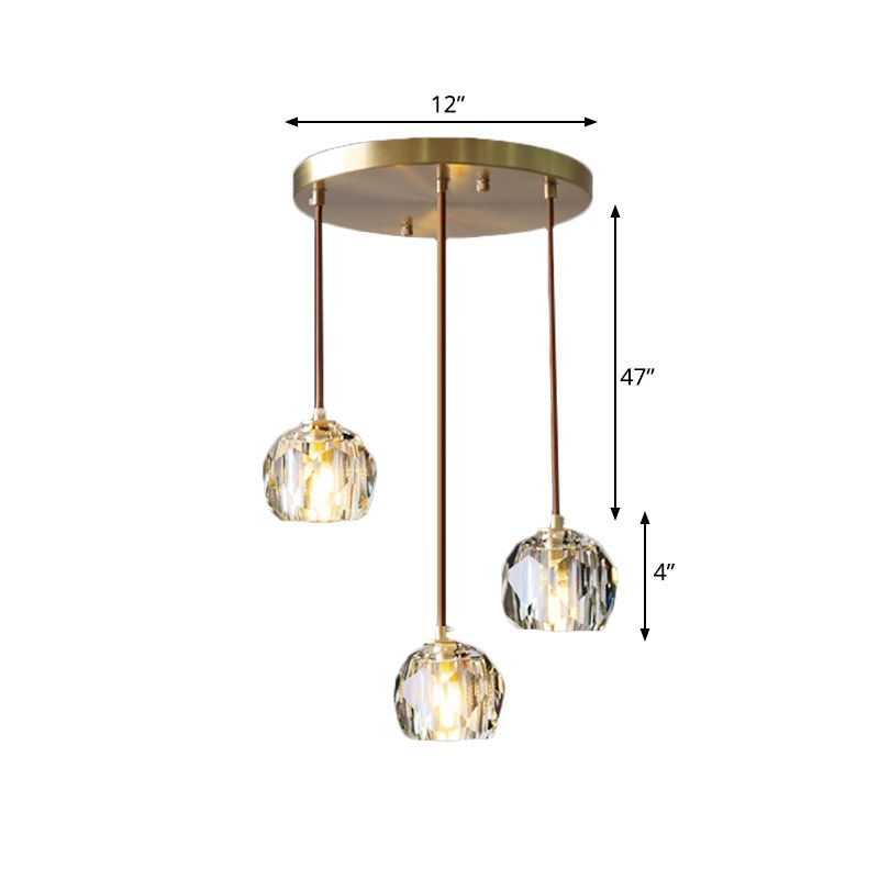 Gold 3 Heads Cluster Pendant Light Light Contemporain Faceted Crystal Dousse de lampe suspendue avec une verrière rond / linéaire