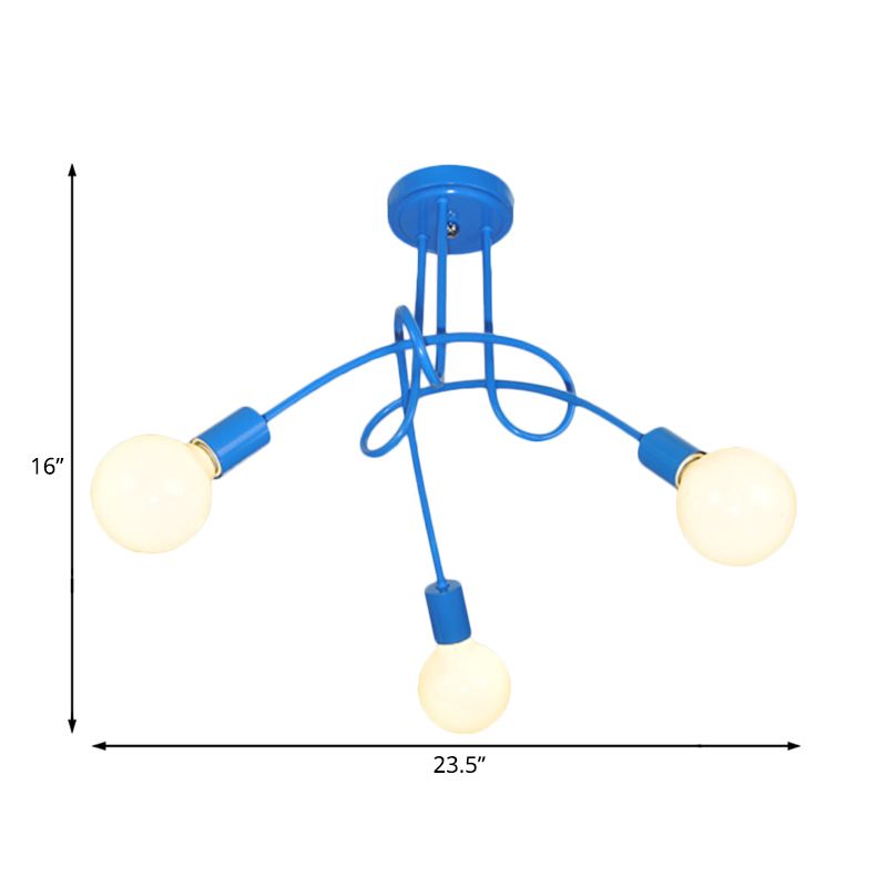 Curved Arm Semi Flush Lighting Contemporary Metal 3/5 Lights Blue/Red Semi Flush Ceiling Lamp Fixture