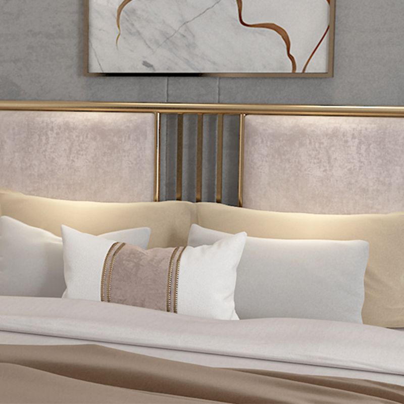 Glam Metallic Open-Frame Bed with Fabric Upholstered Headboard