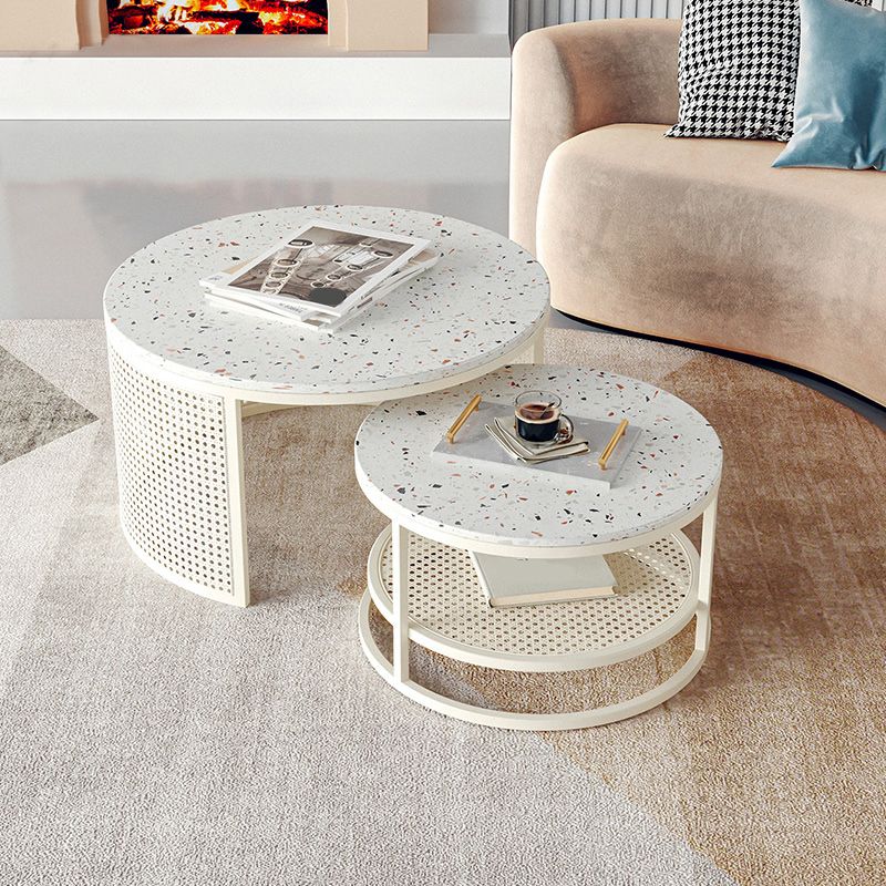 Contemporary Coffee Table White Round Slate Coffee Cocktail Table