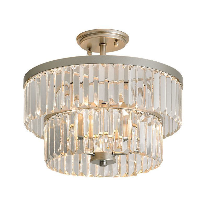 3 Bulbs Semi Flush Light with 2-Tier Cylinder Shade Clear Crystal Modern Dinning Room Ceiling Lamp
