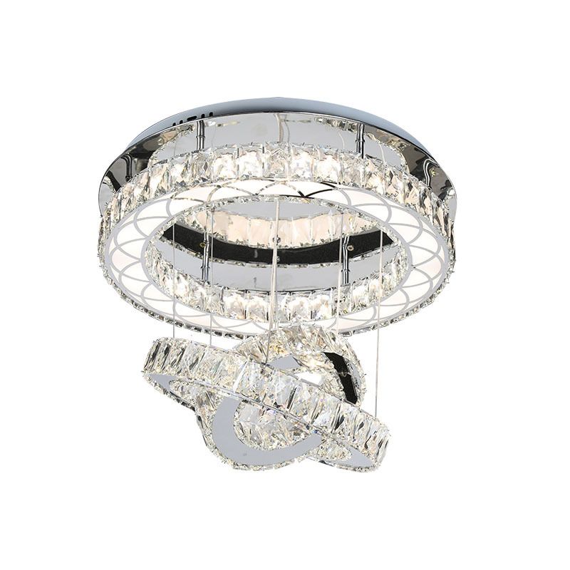 Crystal Block Rings Semi-Flush Mount Minimalism LED Close to Ceiling Lighting in Chrome, Warm/White Light