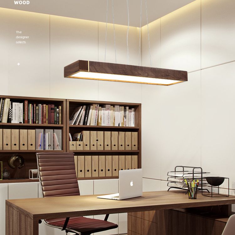 Walnut Wood Rectangular Pendant Light Nordic Dark Brown LED Hanging Light over Island