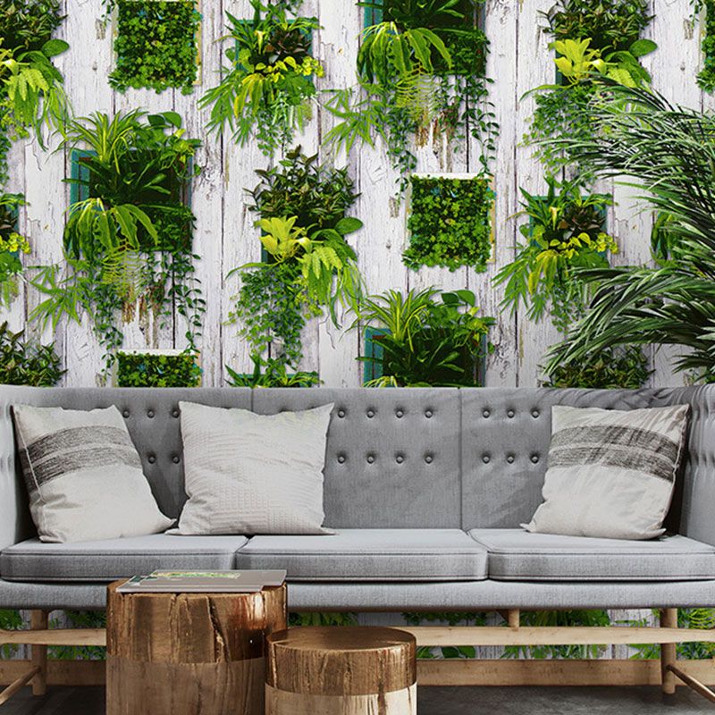 Faux Wood and Plant Wallpaper in Green Non-Woven Fabric Wall Art for Accent Wall, 20.5"W x 33'L