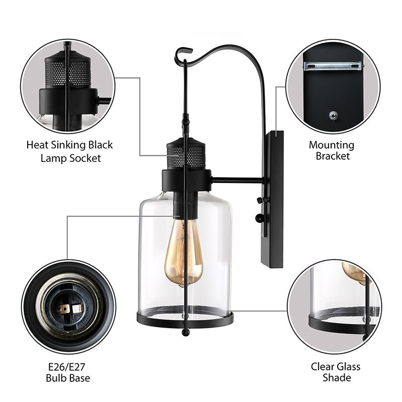 Cylinder Clear Glass Wall Mounted Lamp Industrial Single Bulb Living Room Sconce Light in Black/White/Rust with Cage