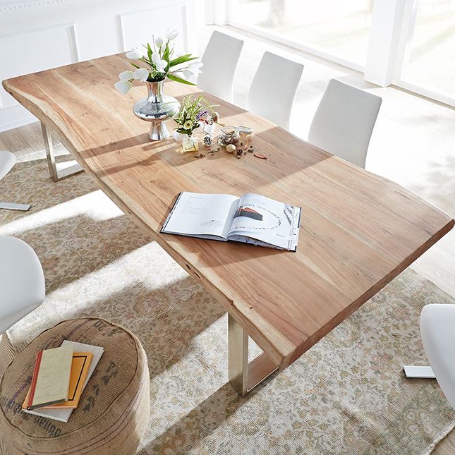 Mesa de madera maciza en tono marrón, mesa con base de trineo de lujo para comedor