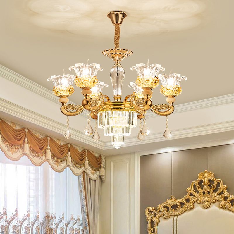 Blossom Crystal Glass Chandelier Antique Style Bedroom Ceiling Hang Light in Gold