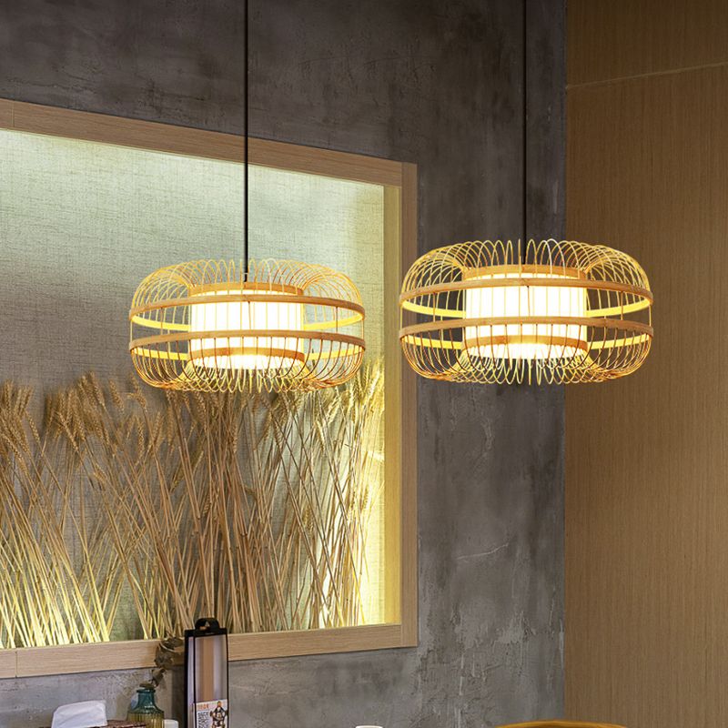 Beige 1-Light Japanese Hanging Lamp Kit Lantern Silk Pendant for Dining Room