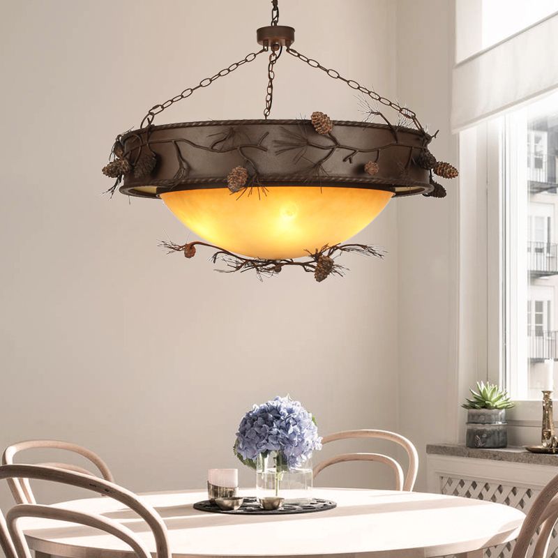 4 Lights Ceiling Light Country Bowl Frosted Glass Hanging Chandelier in Red Brown with Pinecone Accents