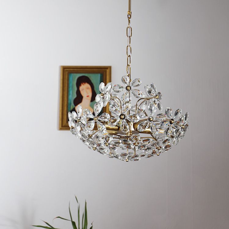 Vintage Brass Art Deco  Hanging Chandelier Light  Floral Clear Crystal  Interior Drop Lamp
