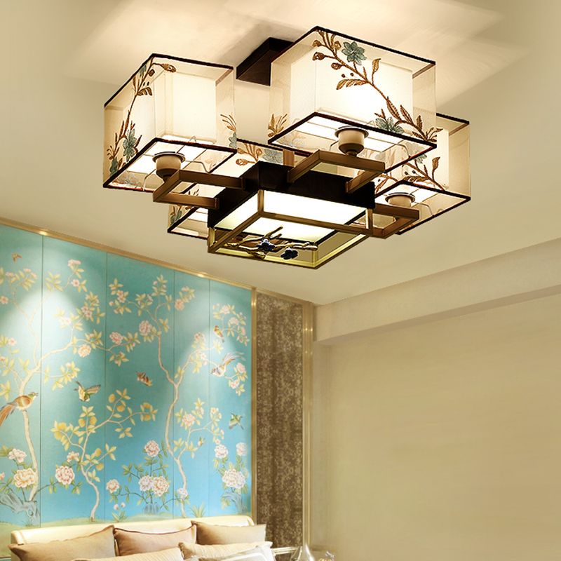 Multi-head Light Fixtures Asia Style Fabric Flush Light for Living Room