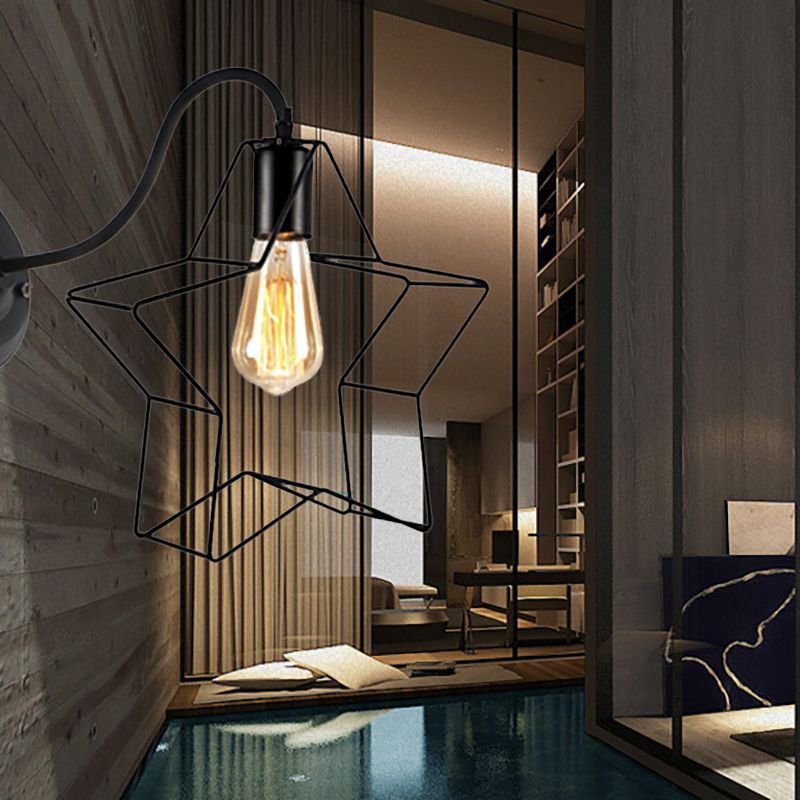 Black 1 Light Spl Sponce Lámpara Retro Diamante de metal/luz de la pared de la pared de estrella con sombra de jaula para cafetería