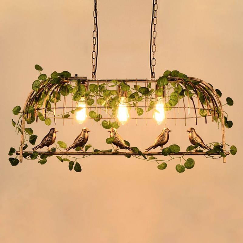 Rustic Birdcage Island Light Fixture Metallic Ceiling Pendant Light with Artificial Ivy for Restaurant