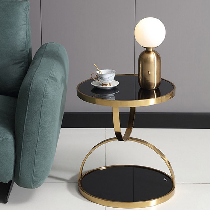 Glam Round Double Tier End Table Glossy Stone Side Table with Shelf