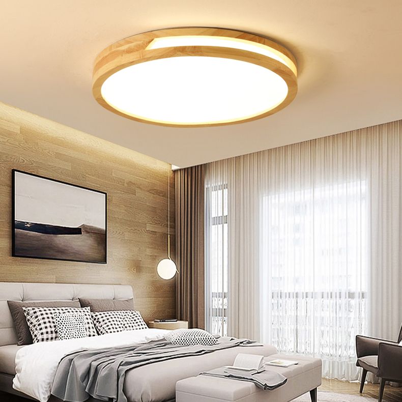 Wood Round Shape Flush Ceiling Light Modern Style 1-Light Flush Mount Lighting in Brown
