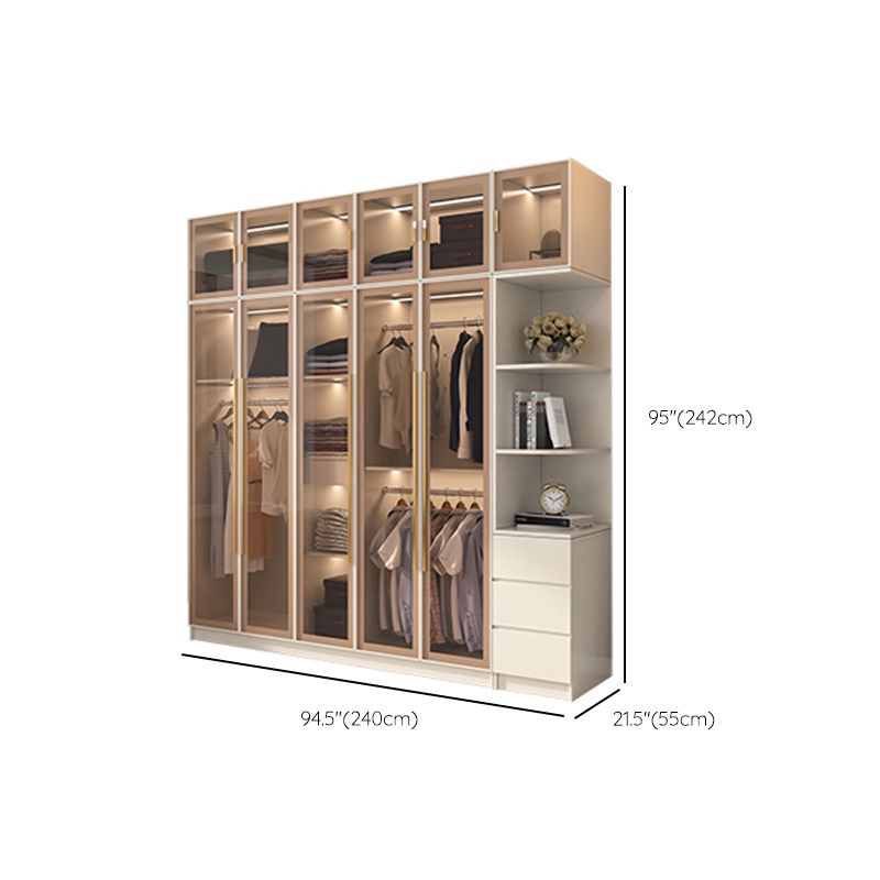 Glass and Wood Wardrobe Cabinet with Shelves Modern Wardrobe Closet
