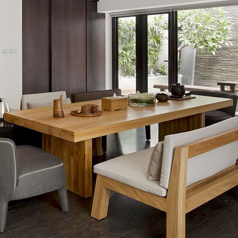 Rectangle Casual Dining Table Brown Tone Fixed Table with Pinewood Solid Wood