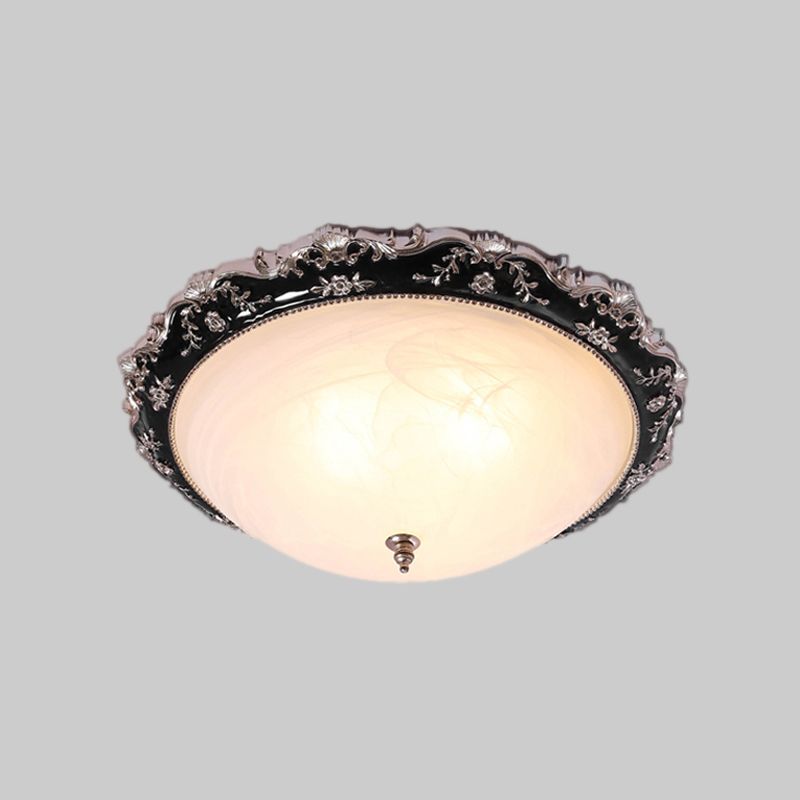 Opal Glass Bowl-Like Ceiling Light Fixture Countryside 1/2-Bulb 14"/19.5" Wide Bedroom Flush Mount Lighting in Black and Gold