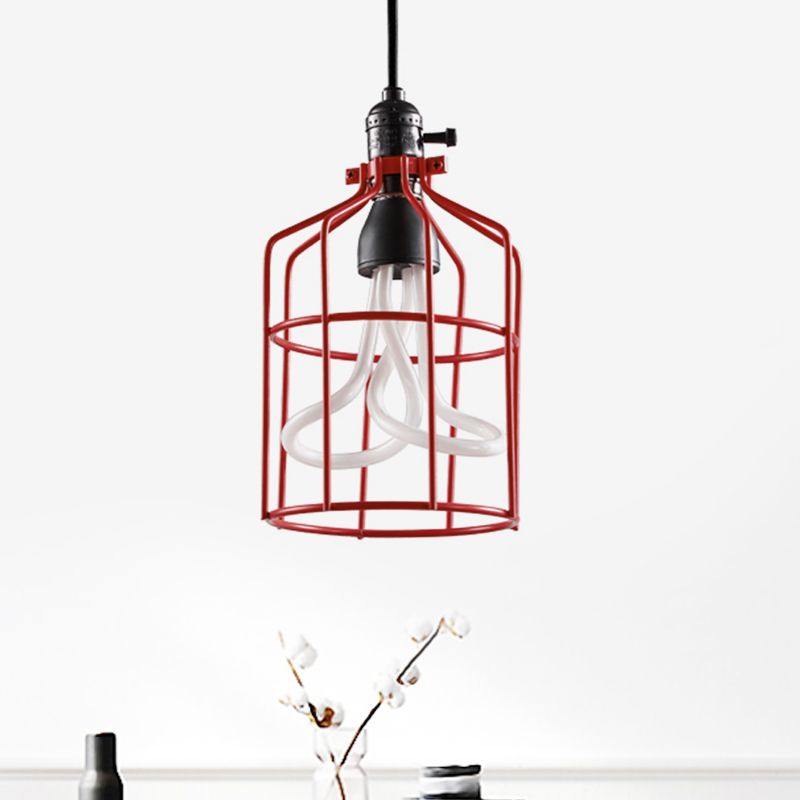 Red/Black 1 Head Pendant Lamp Industrial Iron Birdcage Suspended Lighting Fixture for Restaurant