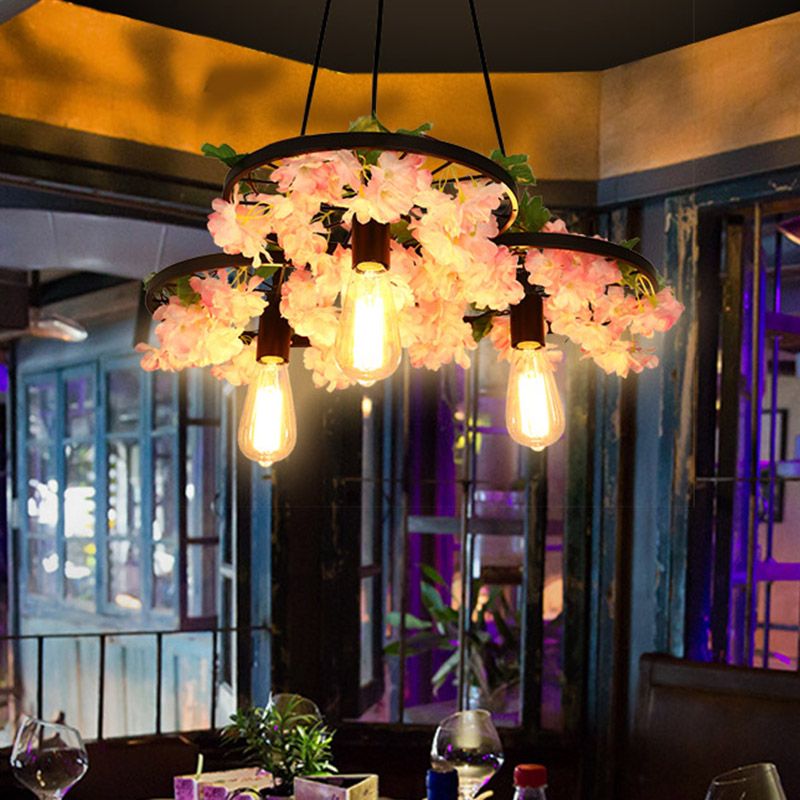 Bare Bulb Metal Chandelier Light Industrial 3 Bulbs Restaurant Hanging Lamp in Black with Cherry Blossom