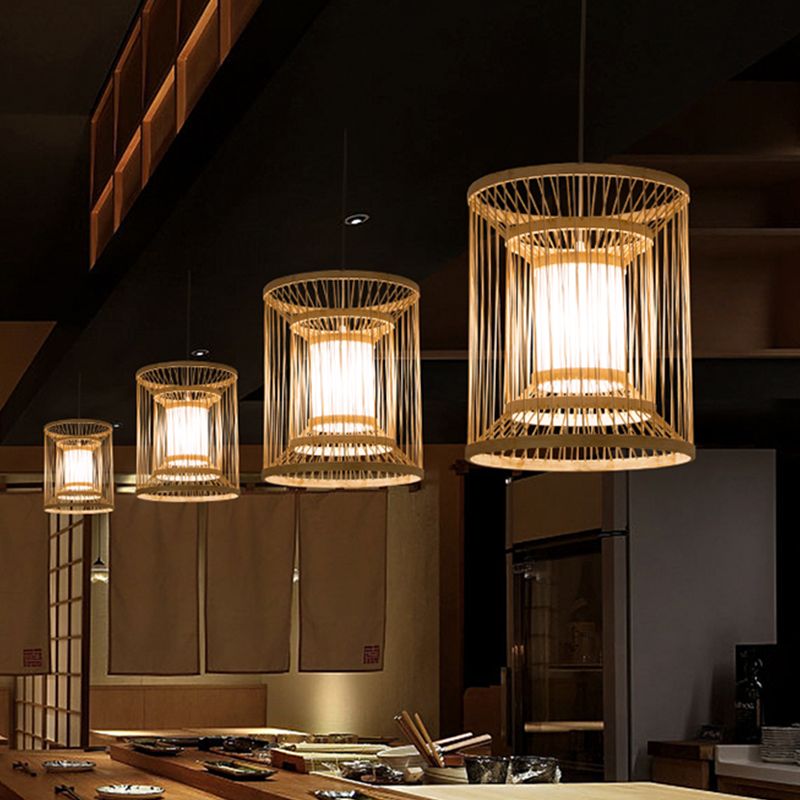 Zylindrisch hängende leichte japanische Bambus 1 Glühbirne 12 "/16" breites Holzheiz -Beleuchtungsanlage