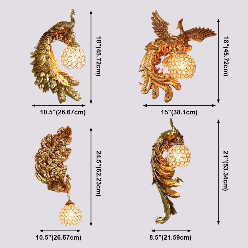 Iluminación de apliques de pared de pavo real lámpara de iluminación de pared de oro de estilo tradicional de estilo tradicional