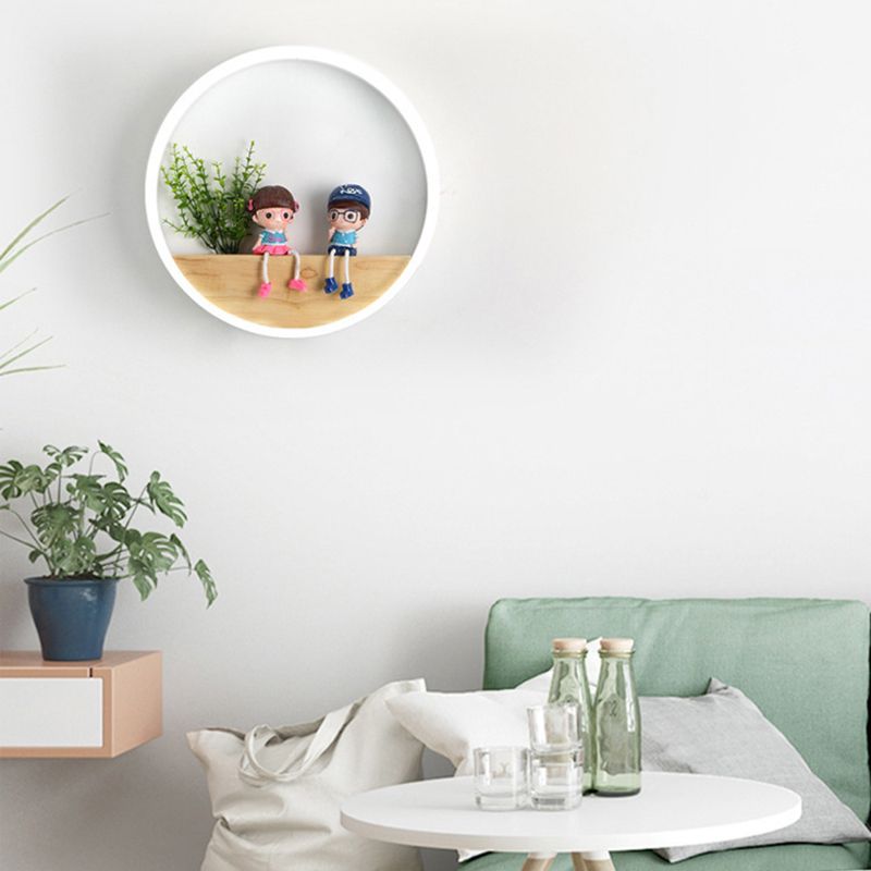 Circular Acrylic LED Wall Sconce Lighting Nordic Wooden Shelf Wall Lamp for Bedroom